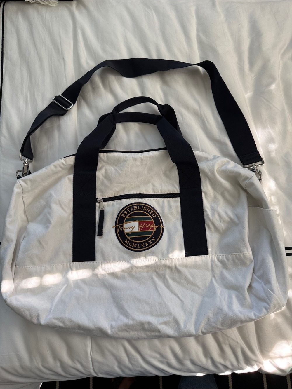 Tommy Hilfiger White Canvas Duffel with Black Straps and Signature Patch